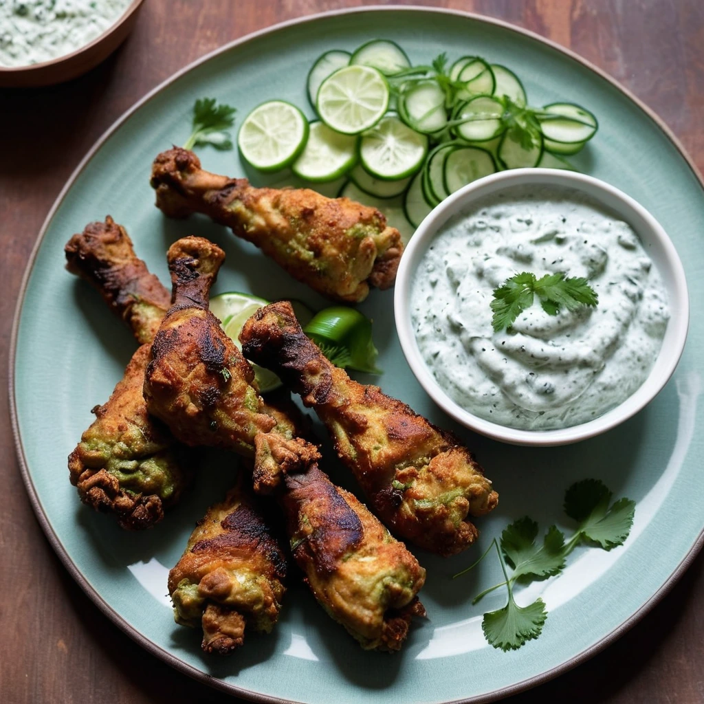 Golden brown chicken drumsticks on a platter with a side of creamy green cucumber raita.