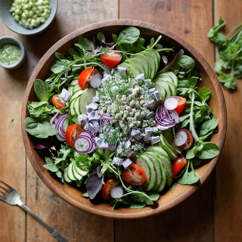 colorful chopped salad in a large wooden bowl topped with fresh herbs