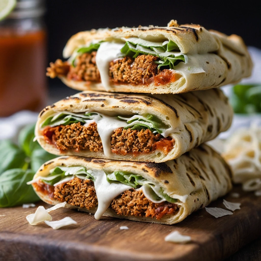 Golden brown crunchwraps filled with chicken, cheese, and marinara sauce on a rustic wooden board.