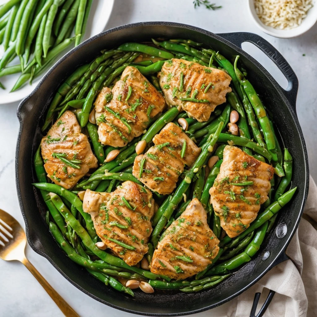 Golden chicken thighs and vibrant green beans sizzling in a glossy garlic butter sauce in a skillet.