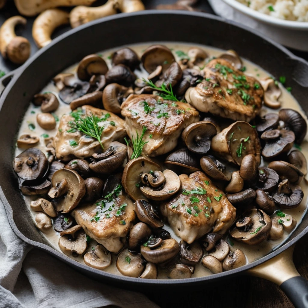 Skillet with golden chicken thighs and brown mushrooms in a glossy sauce