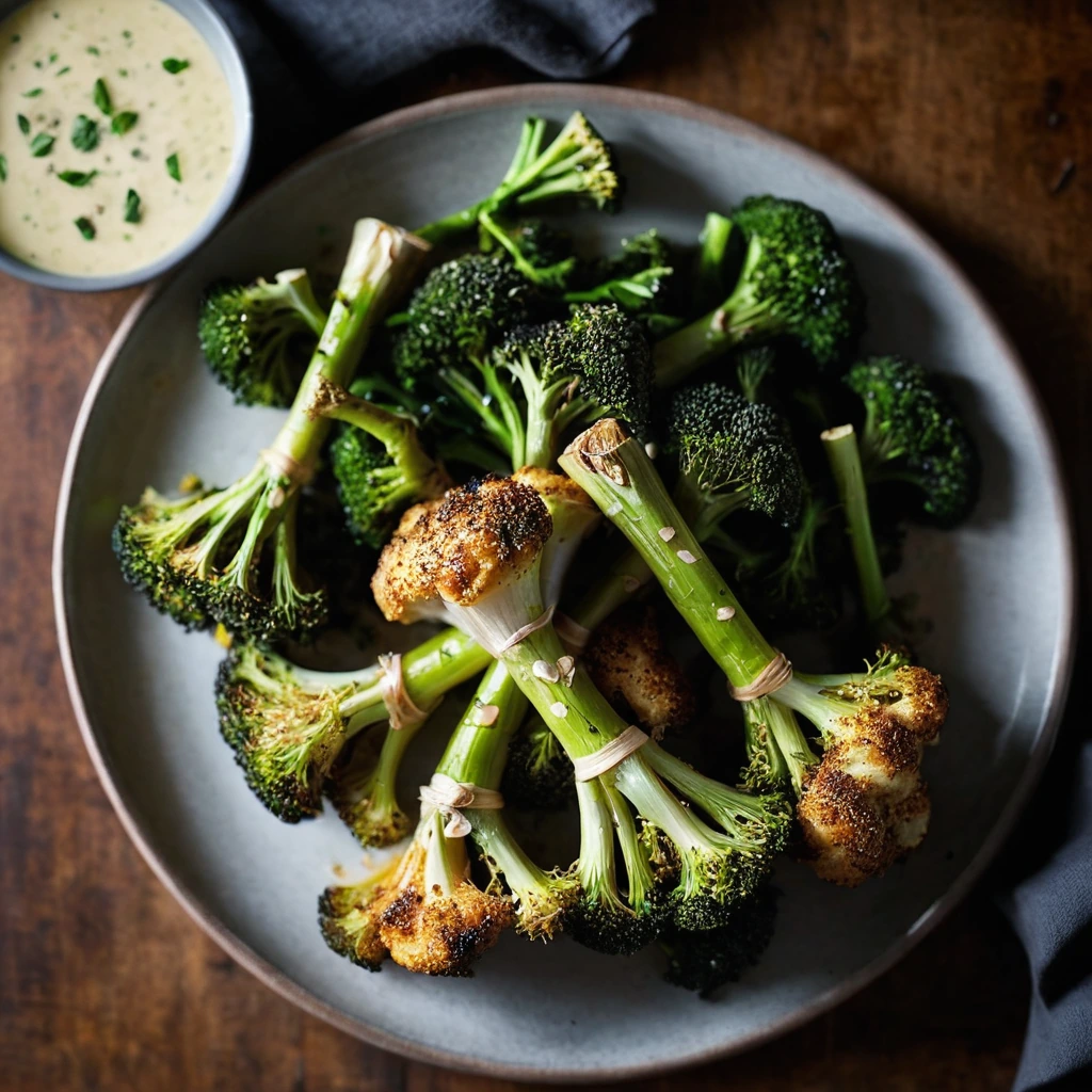 Platter of golden chicken drumsticks with roasted broccoli, drizzled with garlic butter.
