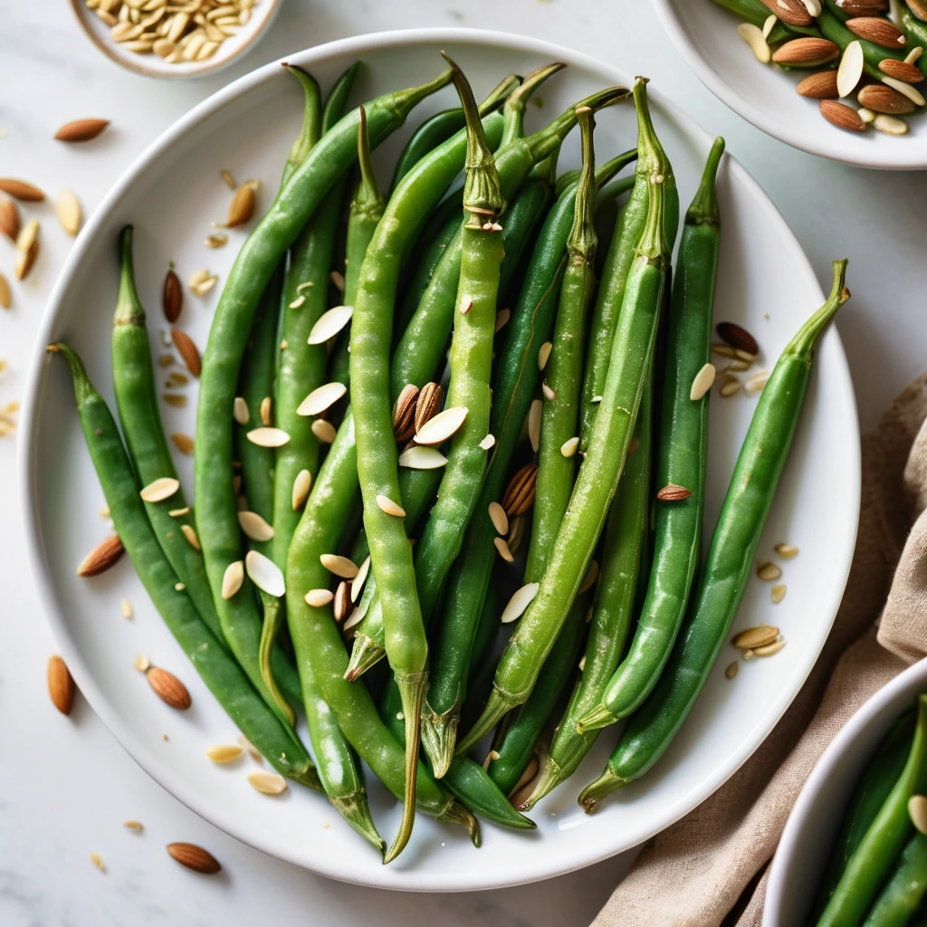 Bright green beans in a golden pool of melted butter, topped with golden toasted almonds on a white plate.
