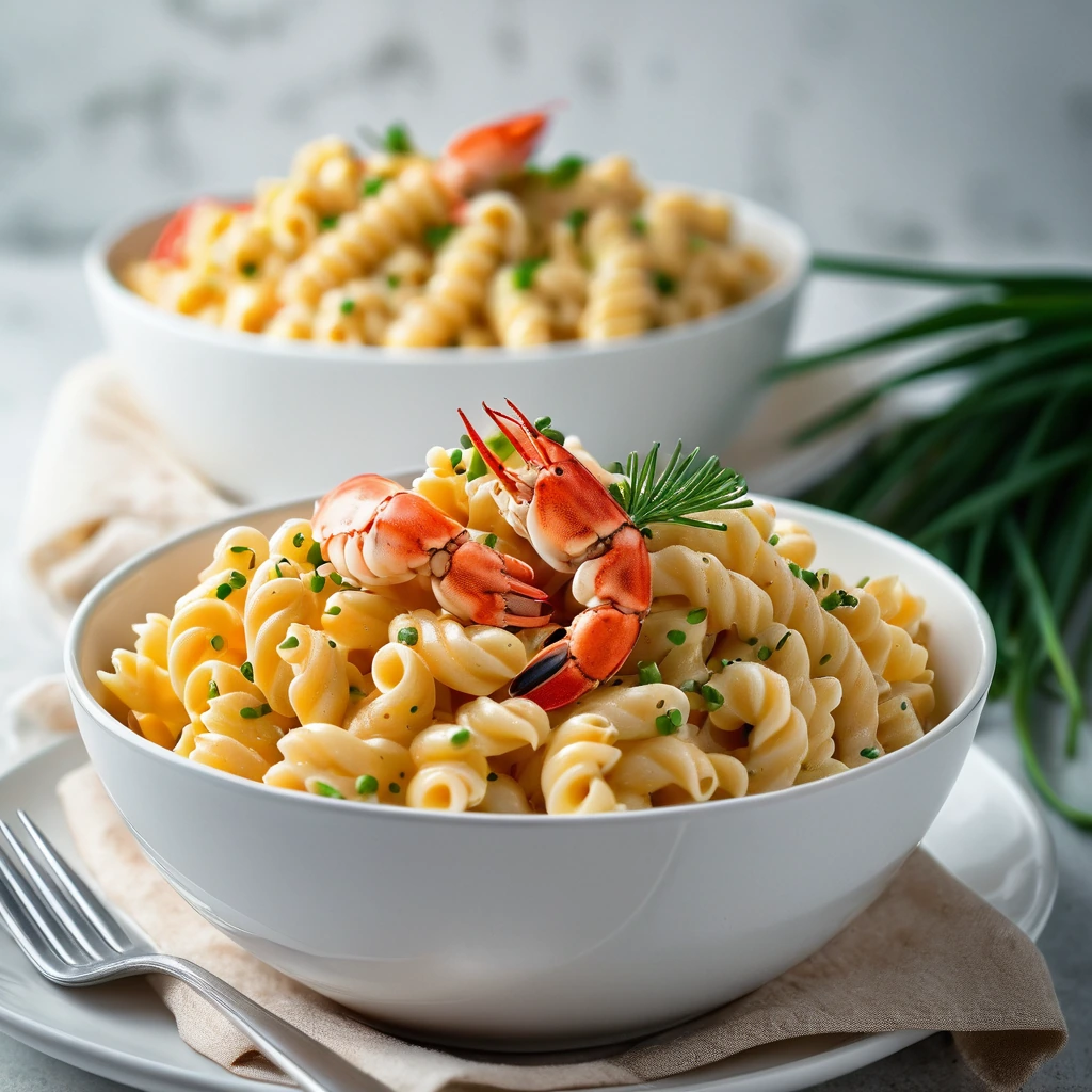 Golden macaroni and cheese in a white bowl, dotted with bright orange lobster pieces and green chives.
