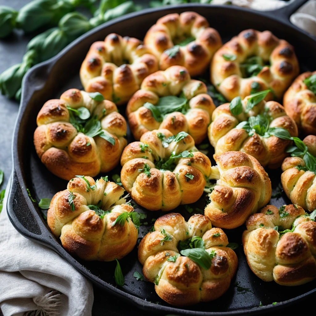 Pull-apart monkey bread bites in a cast iron skillet, golden brown with melted cheese and green herbs scattered on top.