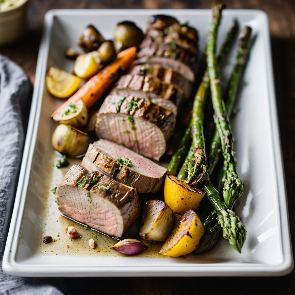 Golden roasted vegetables and perfectly cooked pork tenderloin on a sheet pan, drizzled with garlic butter sauce