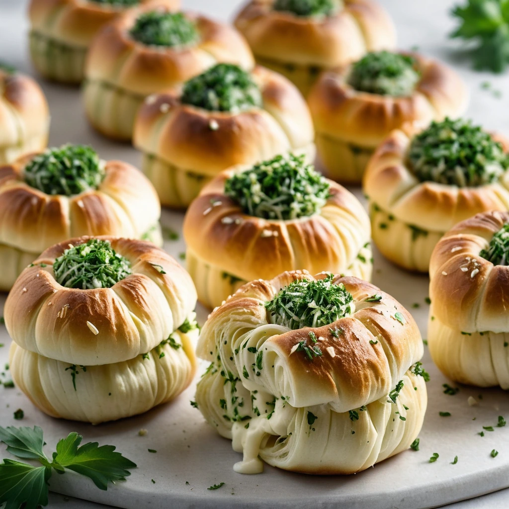Golden brown slider rolls arranged in a round, drizzled with melted garlic butter and chopped parsley.