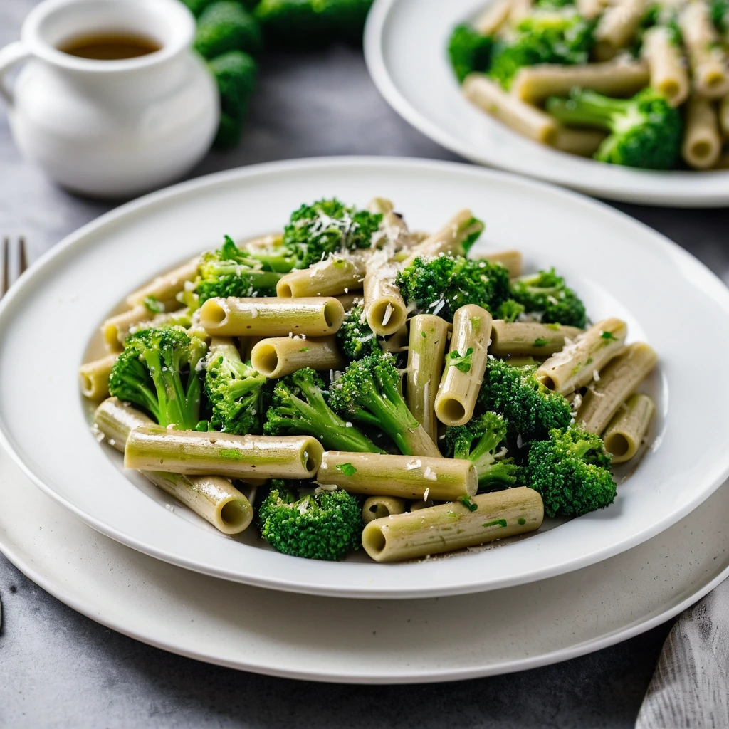 Golden penne pasta in a glossy garlic butter sauce, mixed with green broccoli florets and crumbled Italian sausage on a white plate.