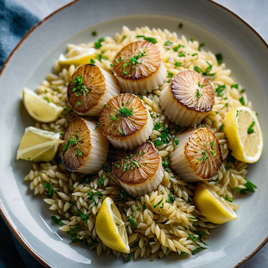 Golden scallops arranged over vibrant yellow orzo, drizzled with buttery sauce and garnished with fresh parsley.