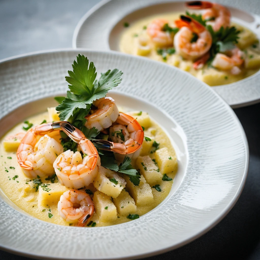 Golden polenta topped with plump shrimp in a glossy garlic butter sauce, garnished with fresh parsley.