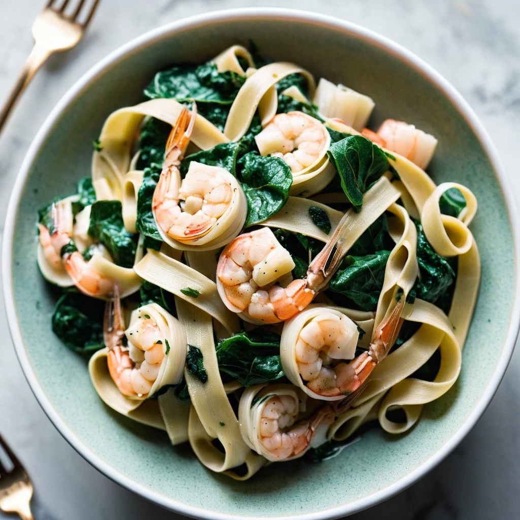 Golden fettuccine with plump pink shrimp and vibrant spinach in a glossy garlic butter sauce, served in a shallow bowl.