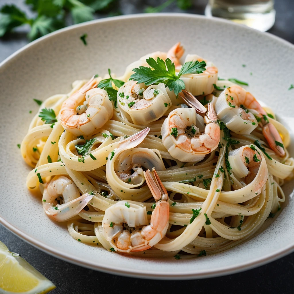 Golden shrimp and linguine in a glossy garlic butter sauce served in a shallow bowl with fresh parsley.