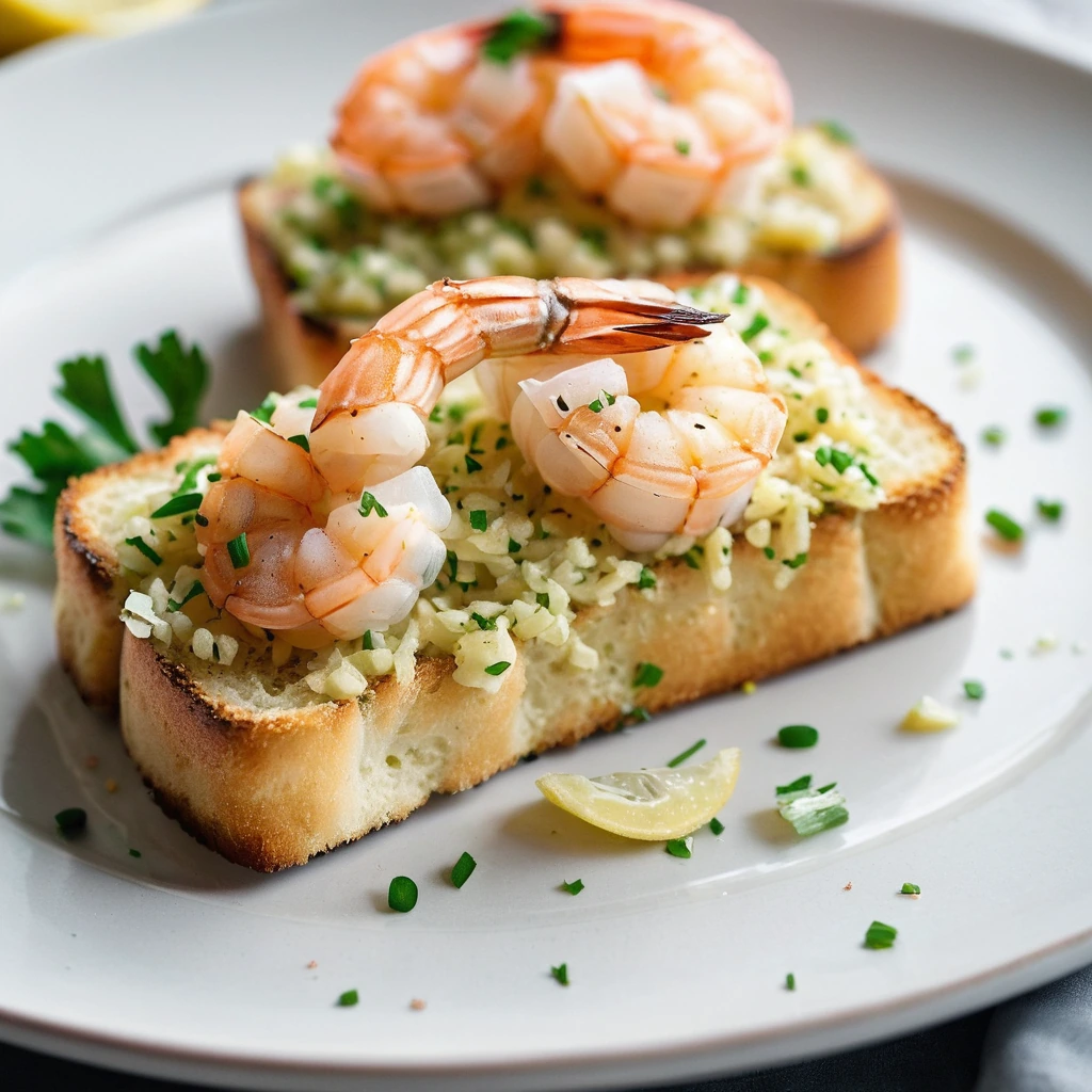 Golden toasts topped with plump shrimp, drizzled with garlic butter, and sprinkled with lemon zest on a white plate.