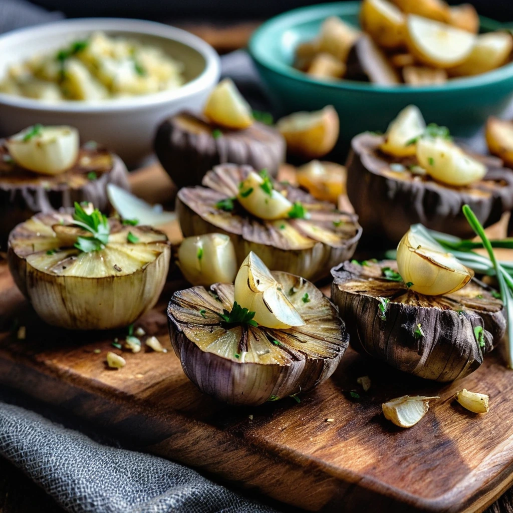 Sizzling steak bites drizzled with golden garlic butter, surrounded by crispy golden potato cubes on a rustic wooden board.