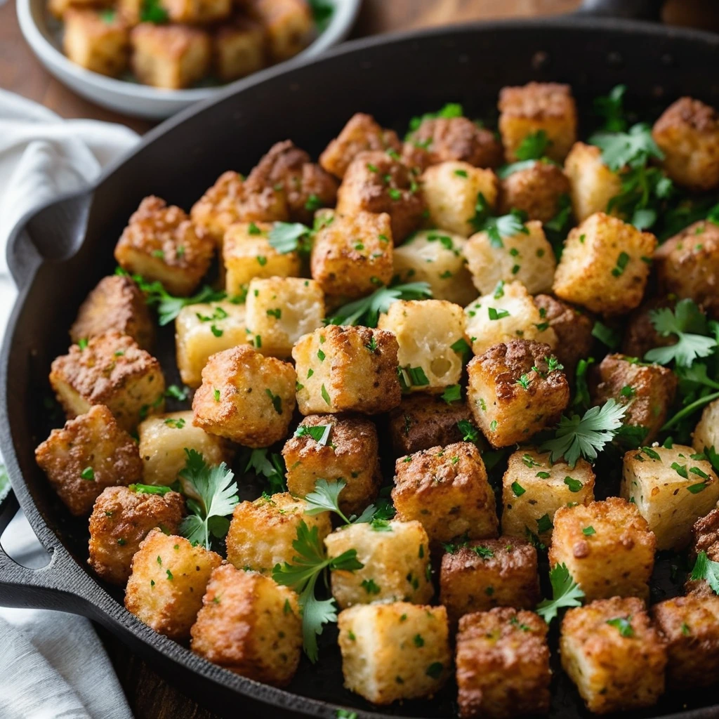 Golden tater tots with brown steak pieces in a skillet, topped with melted butter and green parsley.