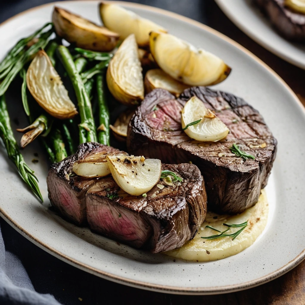 Two perfectly seared strip steaks resting on a bed of crispy golden potatoes, drizzled with melted garlic butter.