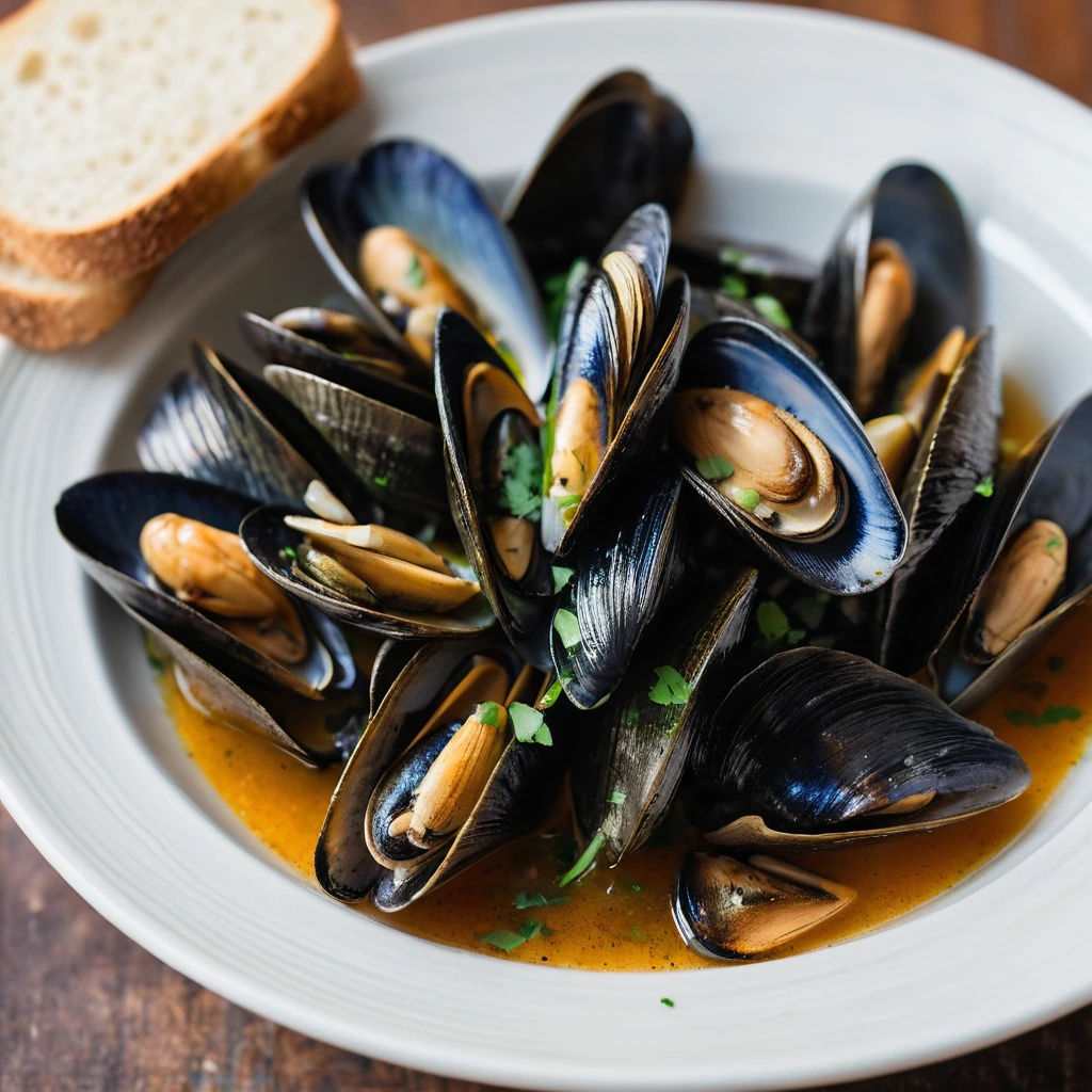 Bowl of steamed mussels in a golden broth with torn pieces of crusty bread scattered on top.