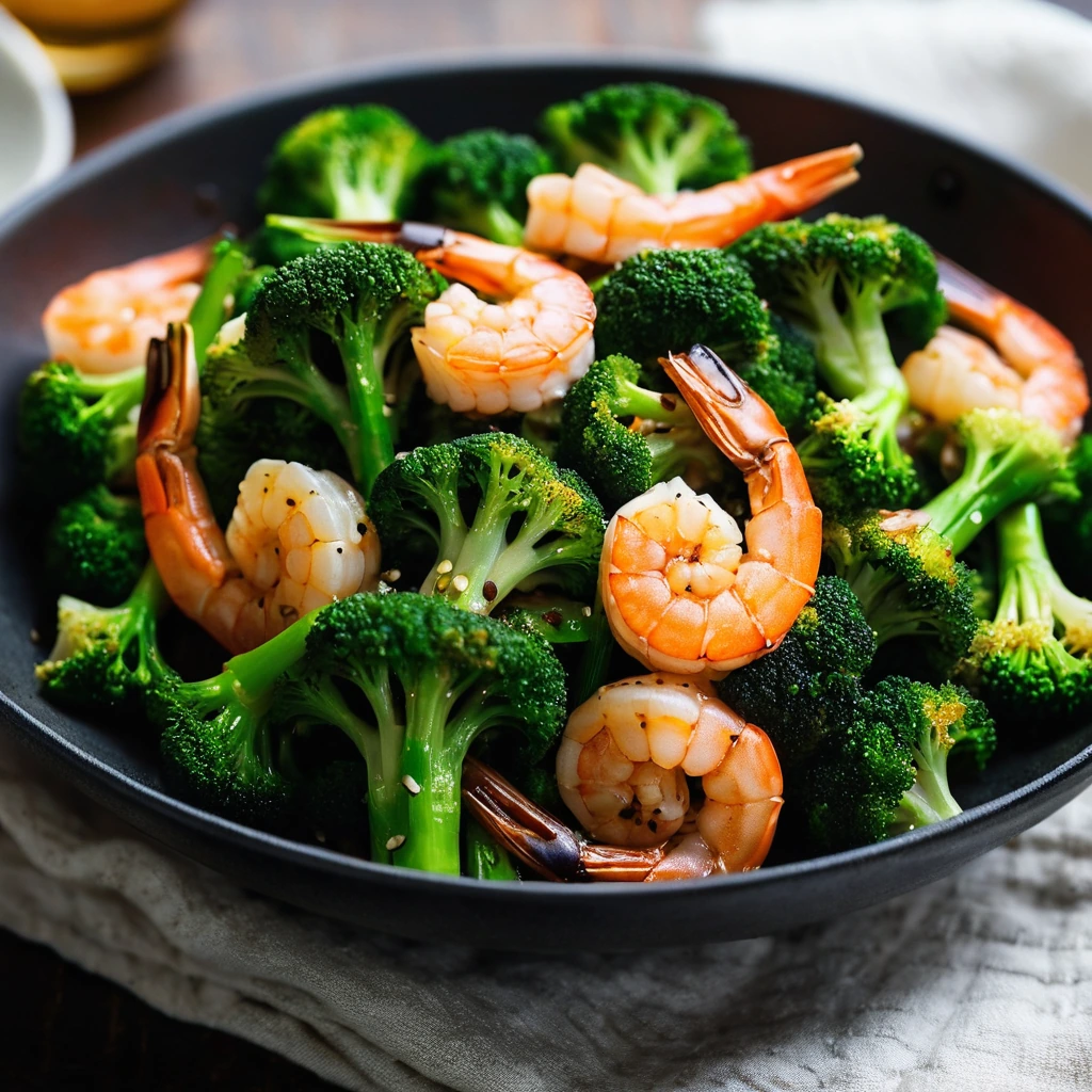 Stir-fried shrimp and broccoli in a glossy, orange sauce served in a sizzling skillet.