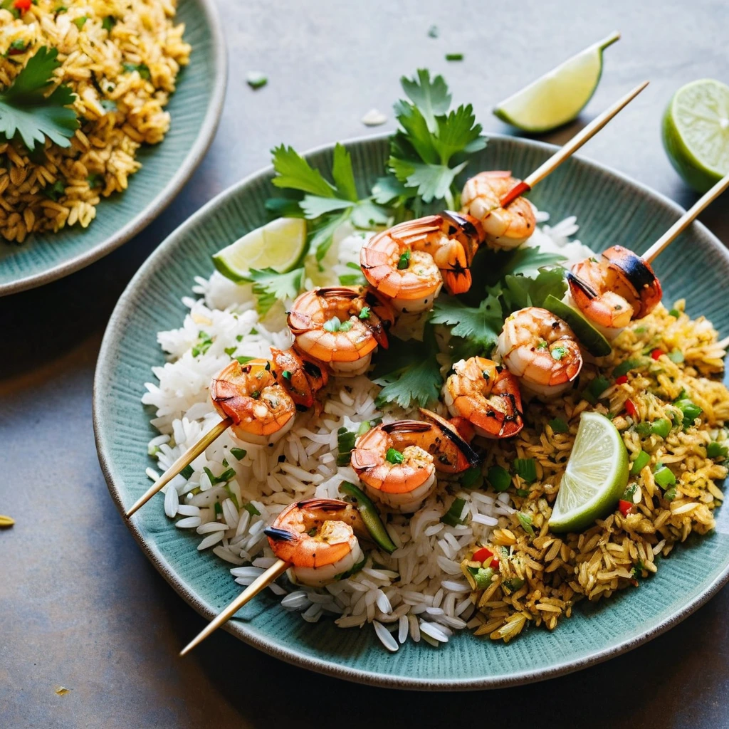 Colorful skewers of grilled shrimp over a bed of golden rice pilaf, garnished with fresh parsley.