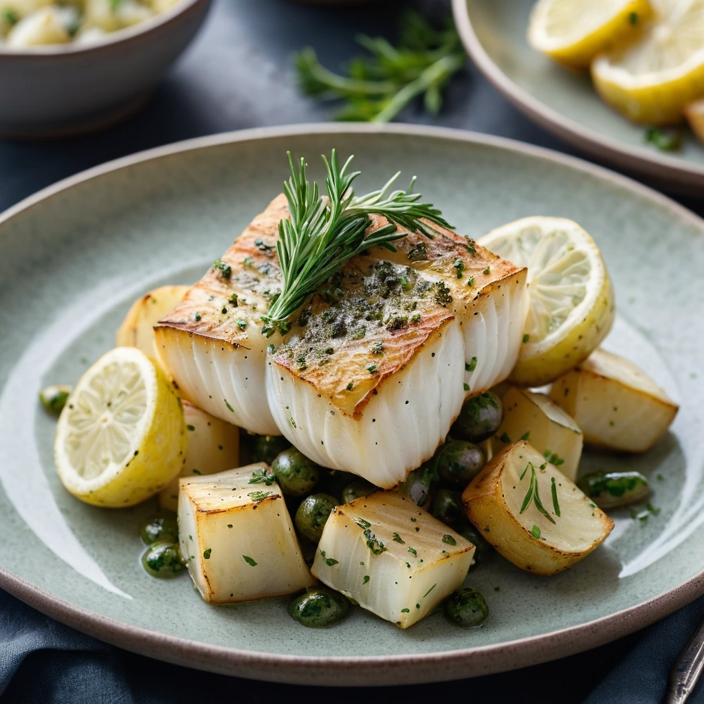 Plump cod fillets resting on a bed of golden roasted potatoes, drizzled with a vibrant green garlic herb butter.