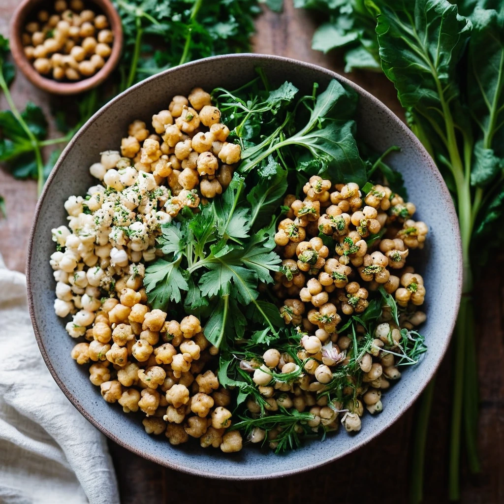 Colorful bowl with roasted cauliflower florets, chickpeas, and fresh herbs over a bed of greens.