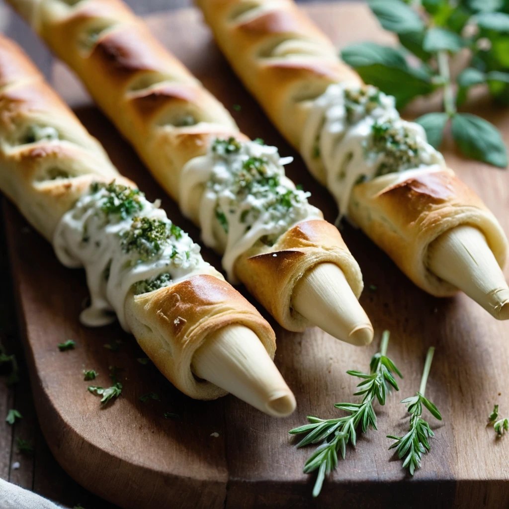 Golden brown breadsticks with visible melted cheese, sprinkled with fresh herbs on a rustic wood background.