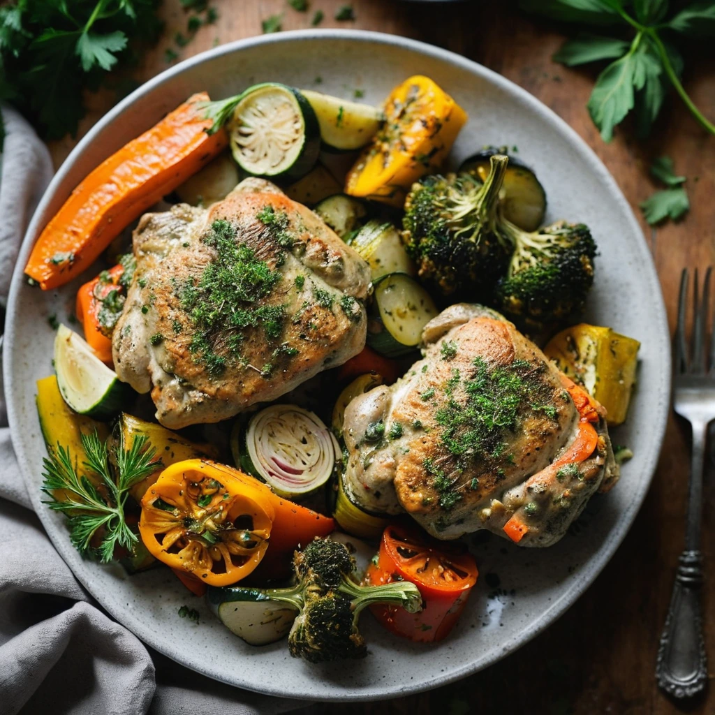 Baked chicken thighs with roasted carrots, zucchini, and bell peppers, drizzled with a golden garlic herb sauce.