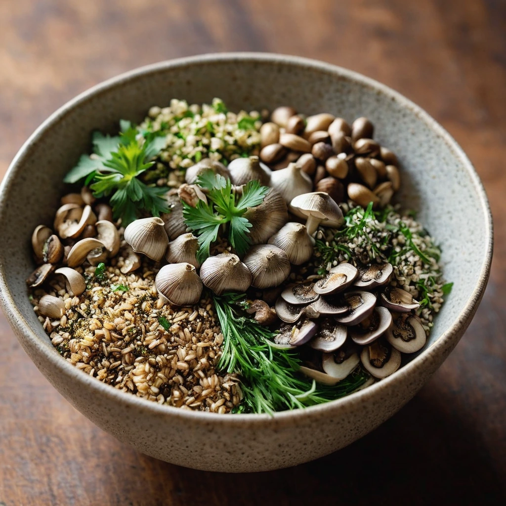 A vibrant bowl with golden quinoa, glossy brown mushrooms, and green herb garnishes.