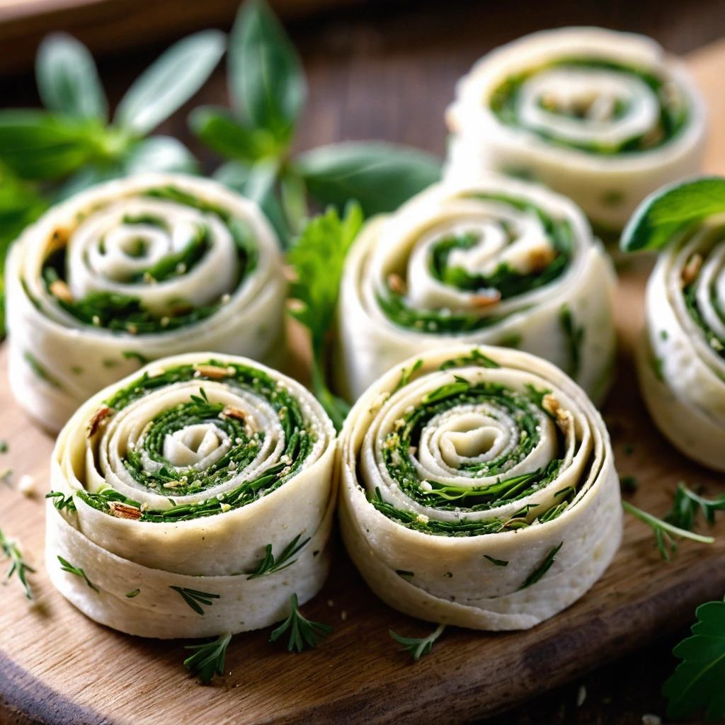Golden brown pinwheel appetizers on a rustic wooden board, sprinkled with fresh herbs.