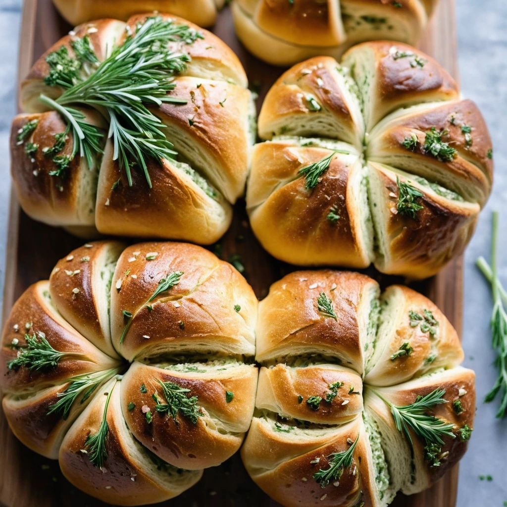 A round loaf of golden-brown rolls pulled apart to reveal layers of buttery, herb-speckled bread.