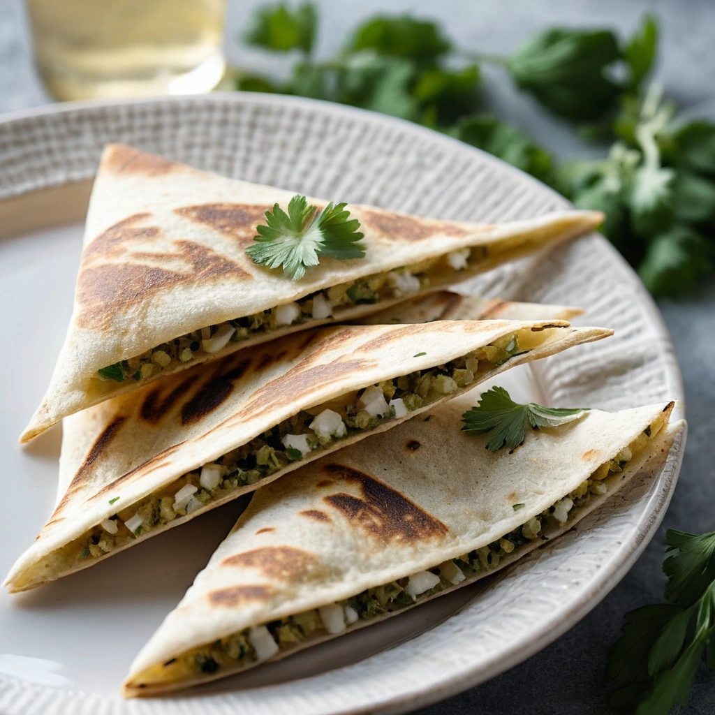 Crispy golden quesadilla cut into wedges, dusted with fresh herbs on a white plate.