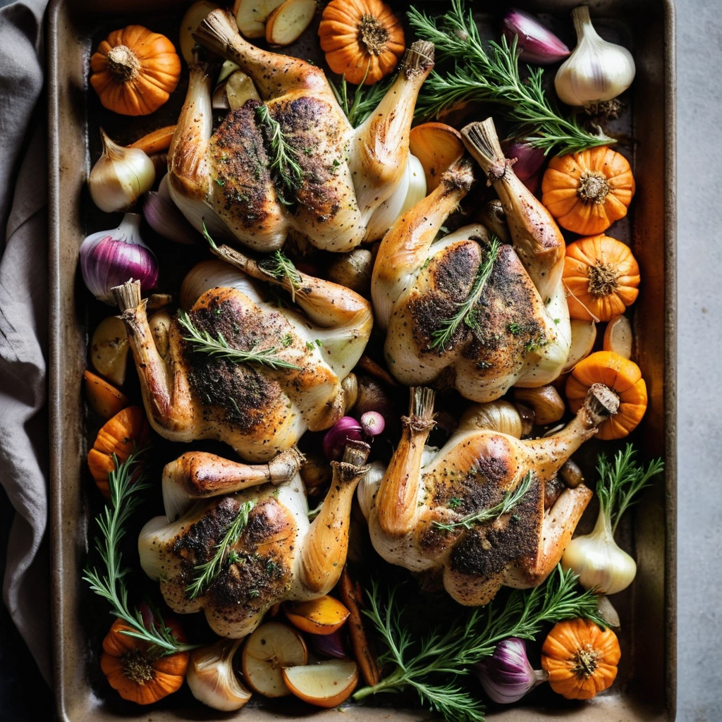 Roasted chicken quarters surrounded by golden brown root vegetables on a baking sheet.