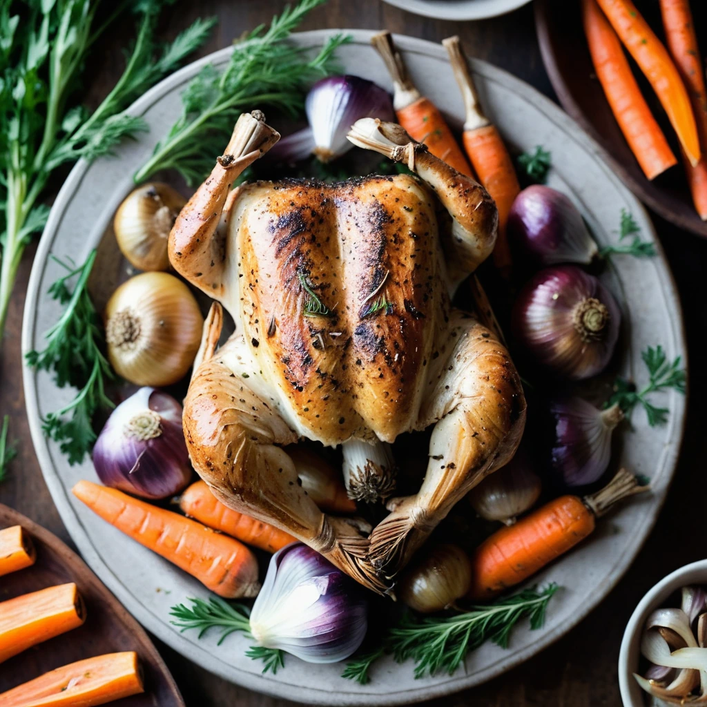 Whole roasted chicken surrounded by glazed carrots and onions on a baking sheet
