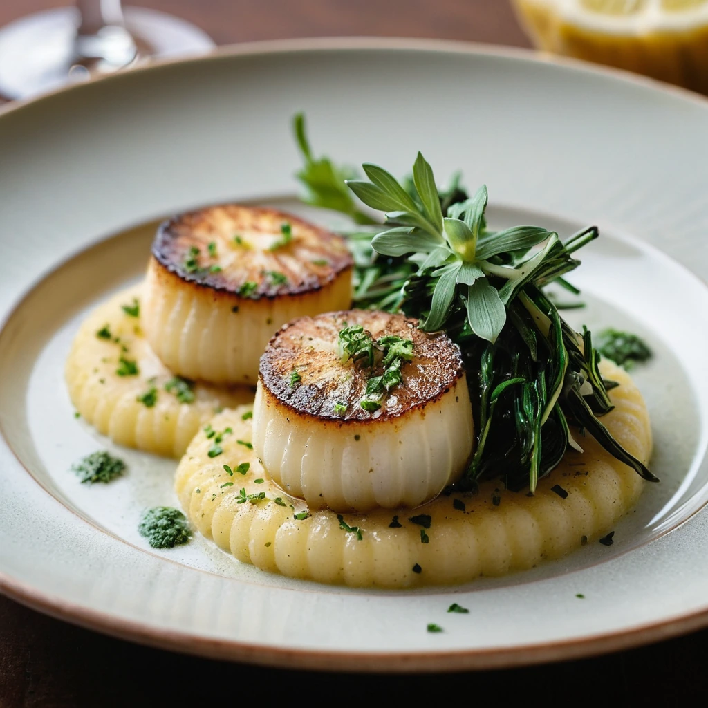 Plump seared scallops with golden crust over creamy yellow polenta, sprinkled with fresh herbs.