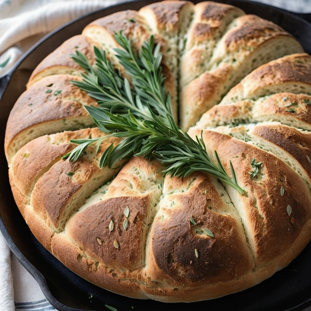 Round loaf of bread baked in a cast iron skillet, golden brown with a sprinkle of fresh herbs on top.