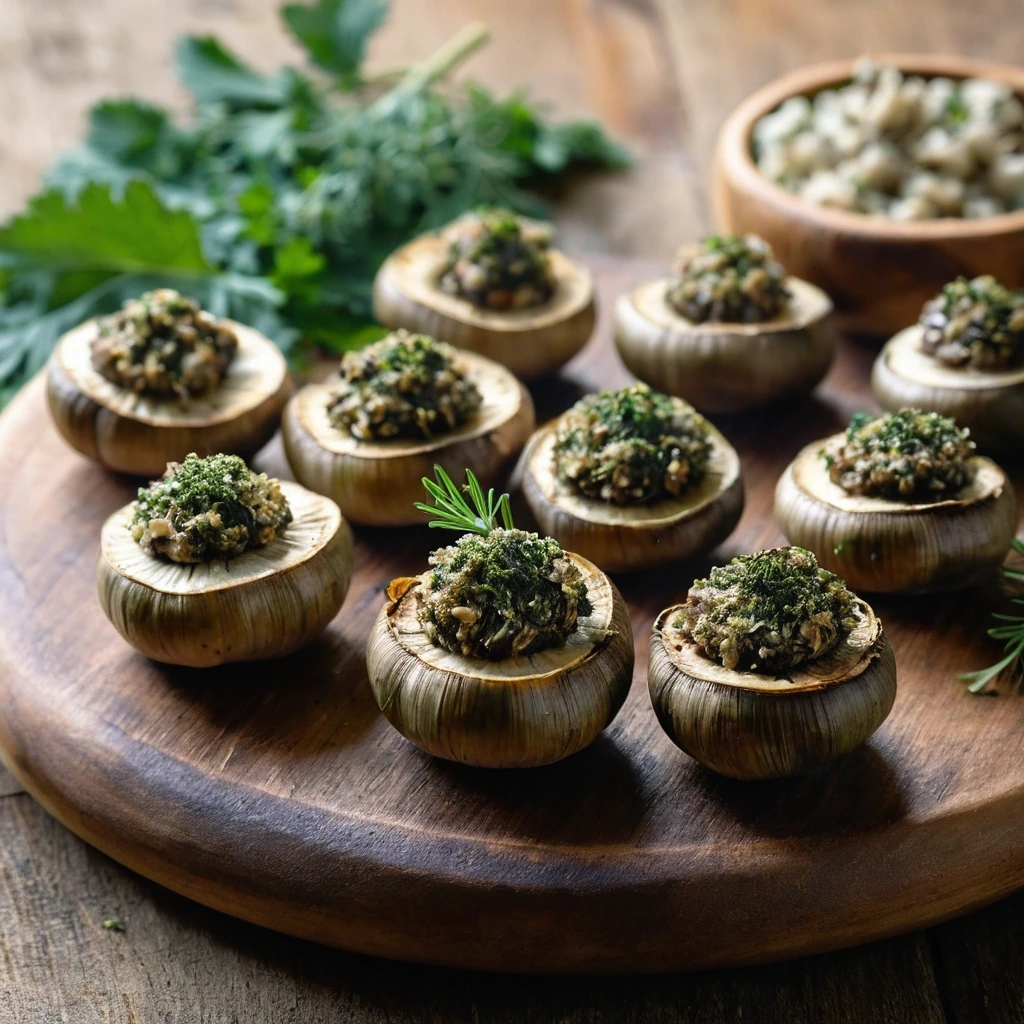 A platter of golden-brown mushrooms stuffed with a green herb mixture, arranged artfully on a rustic wooden board.