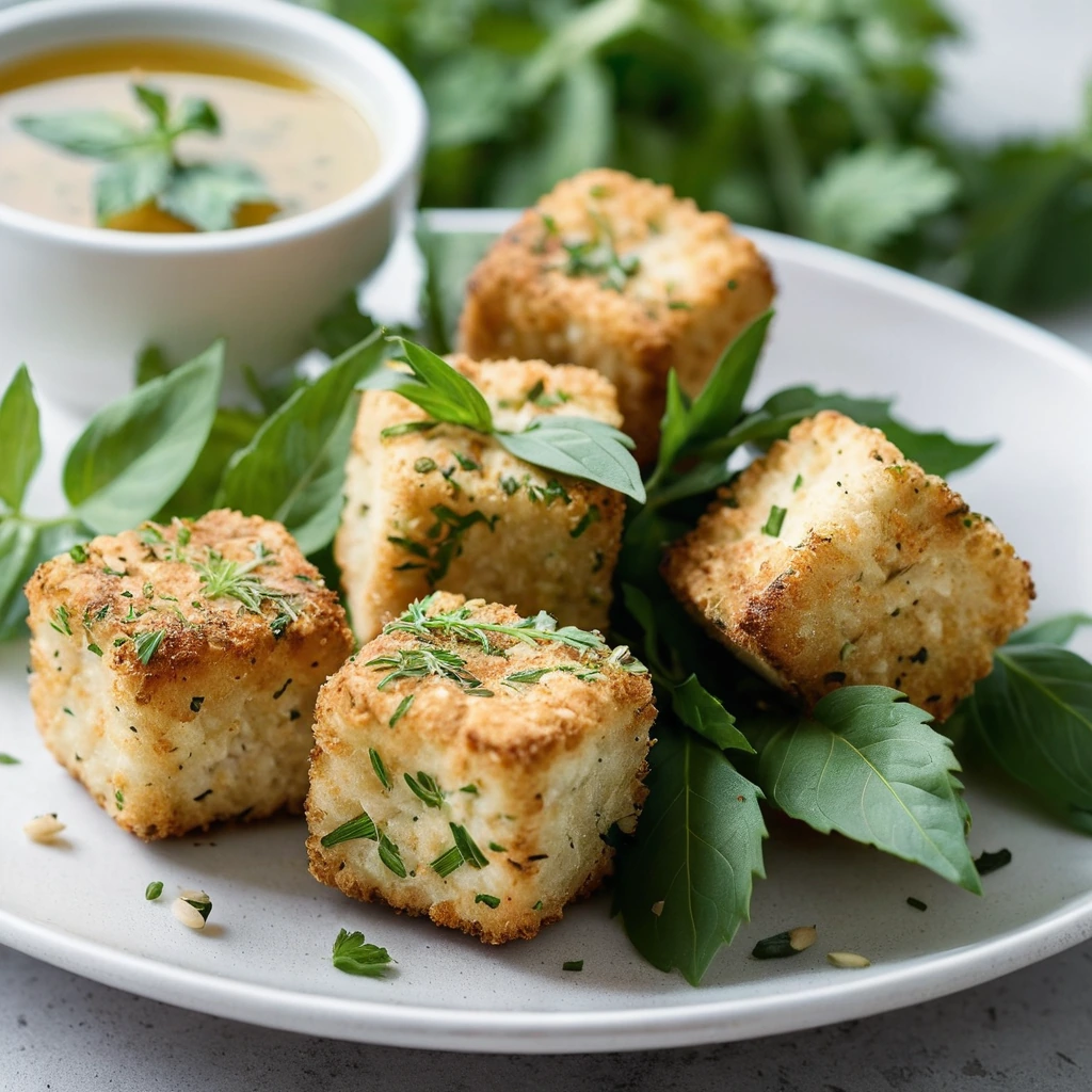 Golden brown tofu nuggets sprinkled with fresh herbs on a white plate.