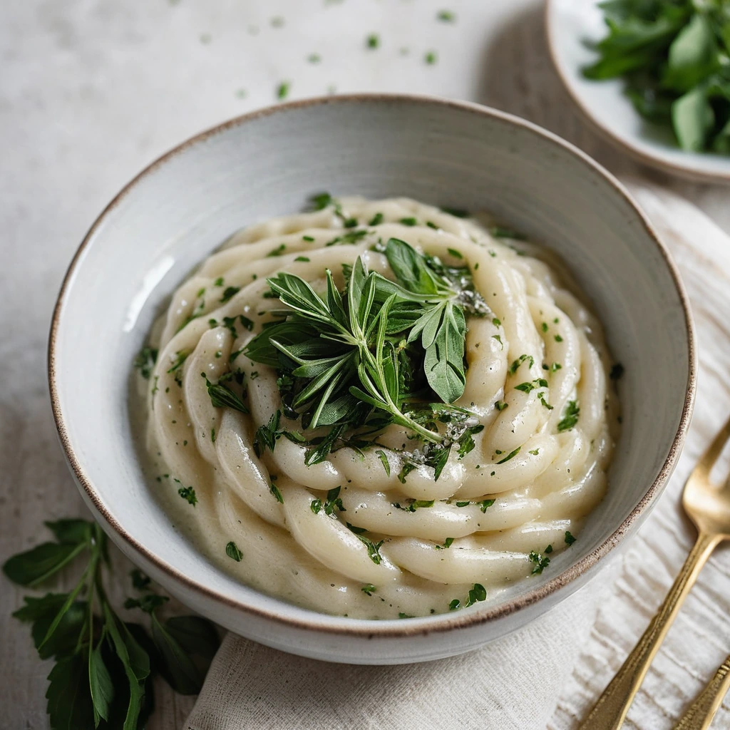 A bowl of creamy white bean mash topped with fresh herbs and a drizzle of golden olive oil.