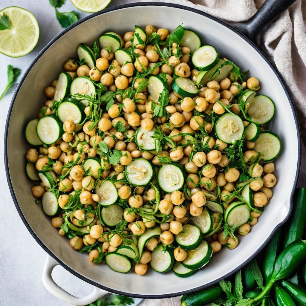 Golden skillet with green zucchini slices and plump chickpeas, scattered with fresh herbs.
