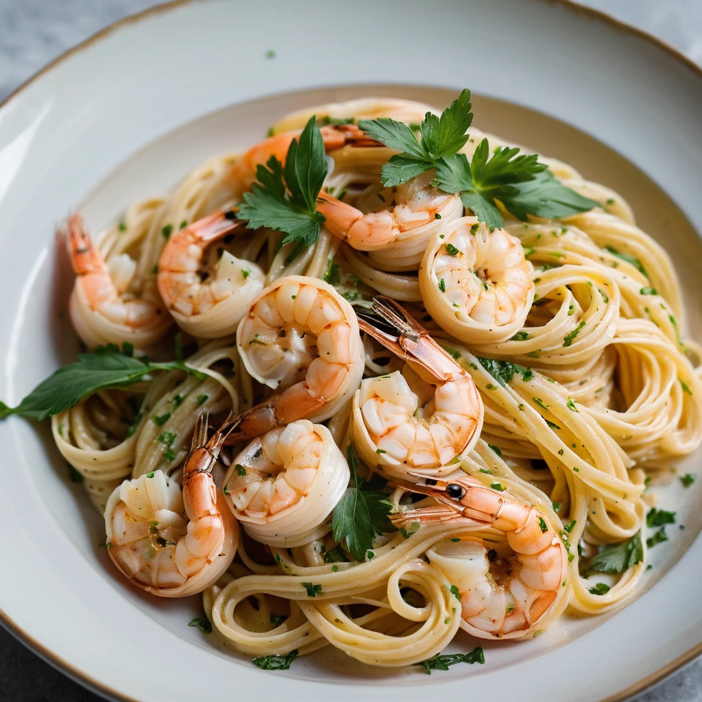 Golden shrimp twirled in linguine, topped with a glossy lemon-butter sauce and fresh parsley.
