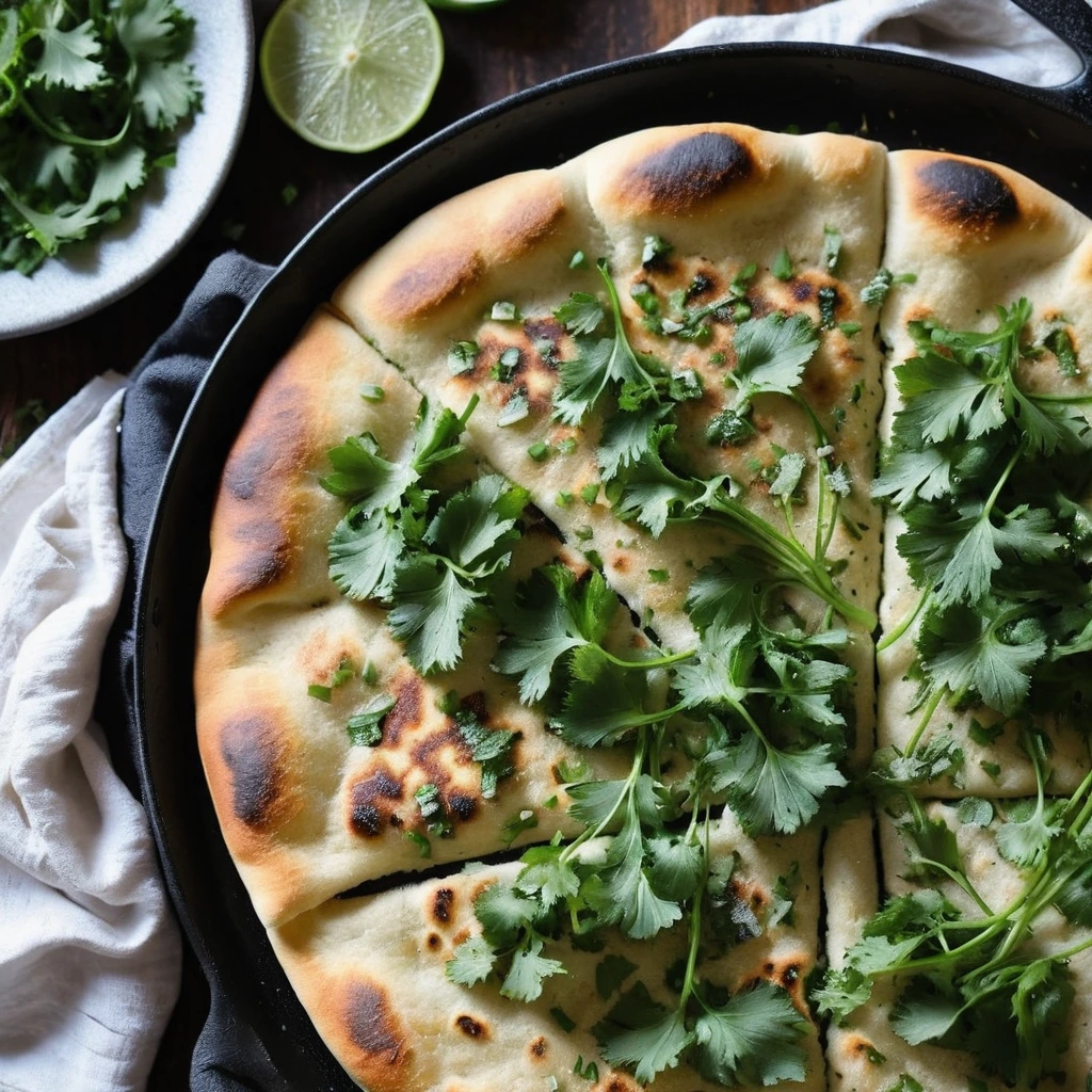 Golden skillet flatbread with a glossy sheen, flecked with green cilantro and toasted garlic.
