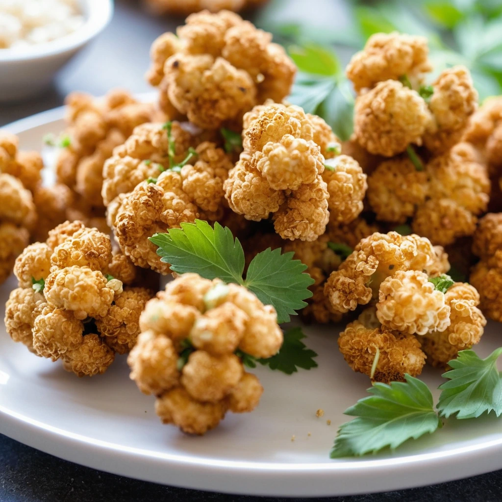 Golden popcorn-shaped chicken bites on a white plate, dusted with parmesan and flecks of green parsley.