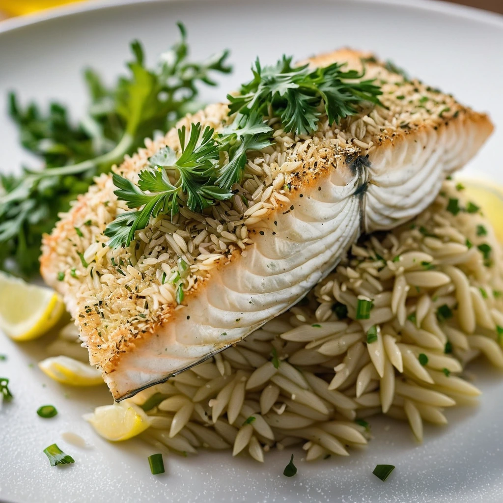 Plated fish fillets with a golden crust over yellow orzo, garnished with fresh parsley.