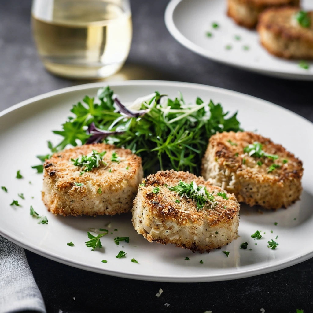 Golden brown pork medallions with a crispy parmesan crust on a white plate, garnished with fresh parsley.
