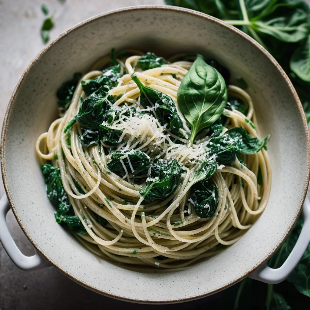 Golden spaghetti twirled in a creamy garlic parmesan sauce, dotted with vibrant spinach leaves, served in a rustic bowl.