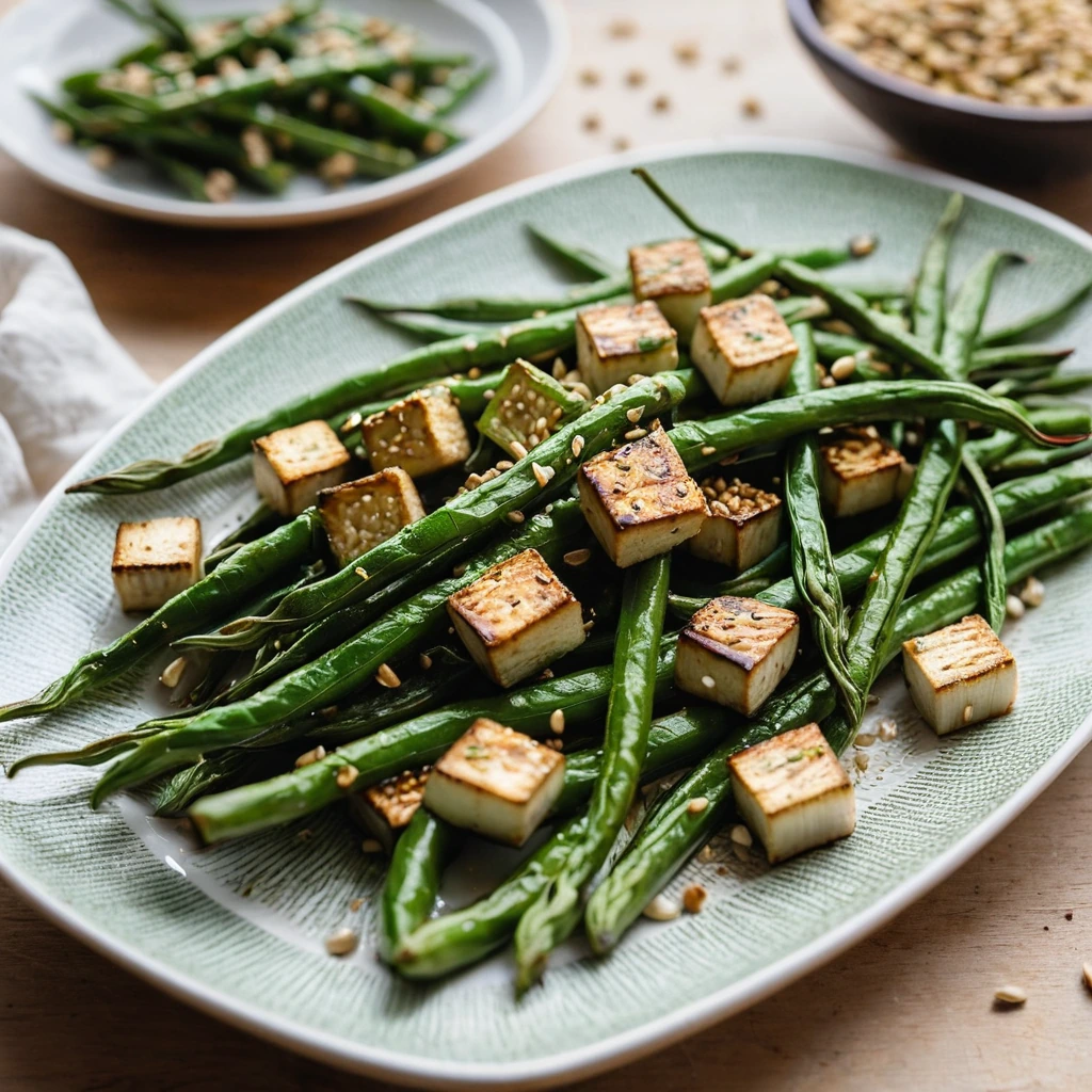 Green beans and tofu roasted to perfection, glistening with a golden garlic sesame glaze on a baking sheet.