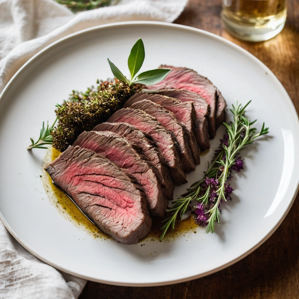 A platter with a perfectly roasted beef sirloin, golden brown with a sprinkle of fresh thyme leaves.
