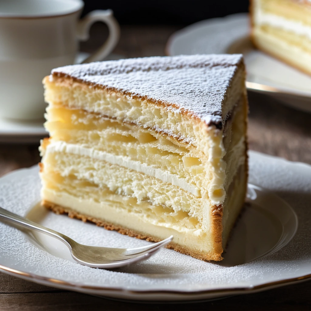Golden cake with a lattice top, revealing a creamy filling, dusted with powdered sugar on a white plate.