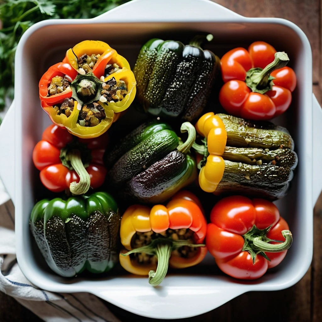 Colorful roasted stuffed bell peppers, tomatoes, and zucchini nestled in a baking dish with fresh herbs.