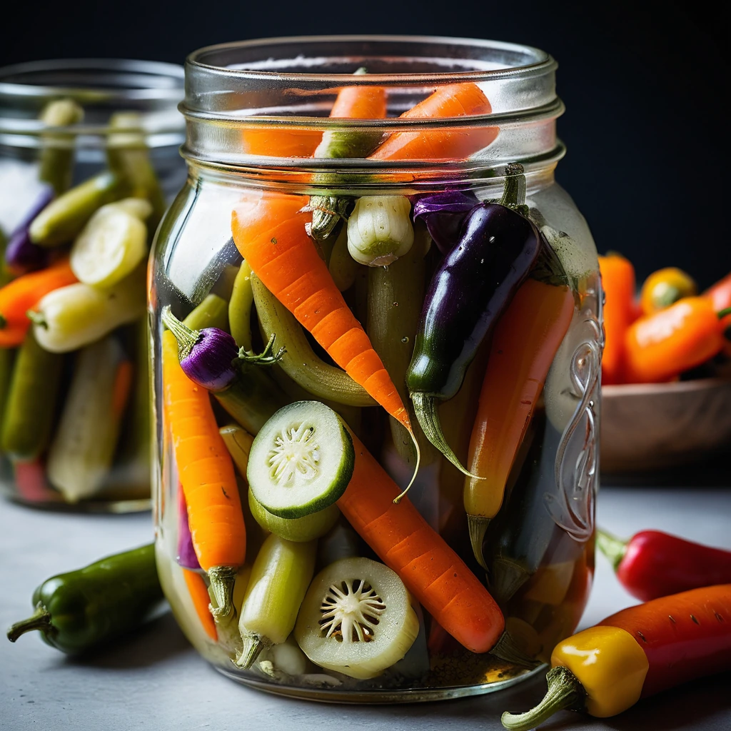 Vibrant mix of pickled carrots, peppers, and celery in a glass jar with olive oil glistening on top.